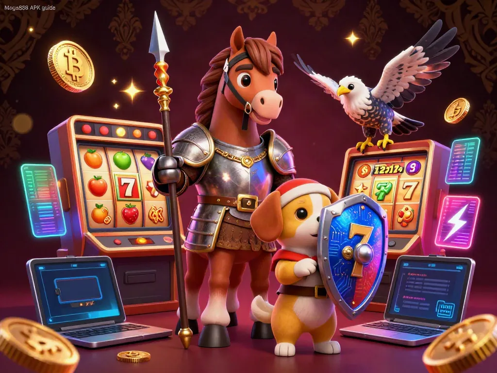 Engage with the Mega888 APK guide showcasing captivating slot reels alongside a heroic knight in armor.