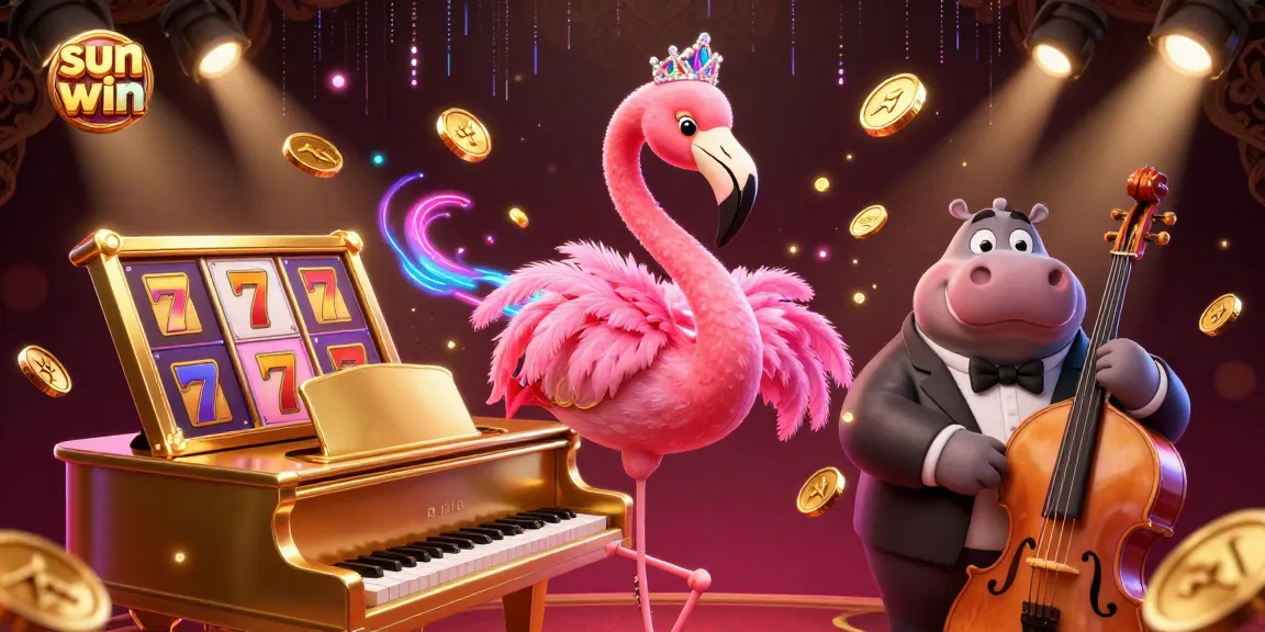 Savor the excitement at sun win with a vibrant casino scene featuring lively characters and dynamic slot elements.