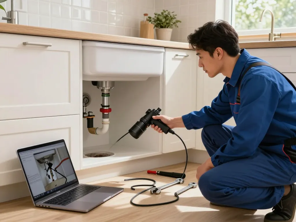 Sewer camera inspection in action under a kitchen sink, technician assessing plumbing with high-tech equipment.