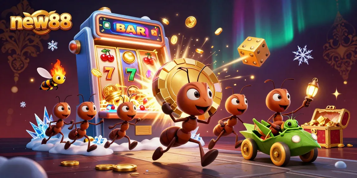 New88 casino ants heist with golden chip, slot machine explosion, and colorful game lobby