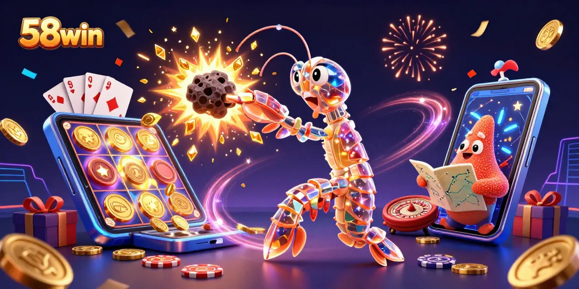 Join the excitement of 58win with vibrant casino elements in a dynamic 3D scene.