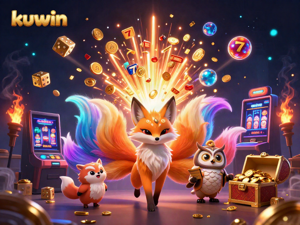 Kuwin brings excitement with glowing nine-tailed fox amid a jackpot explosion in a vibrant casino scene.
