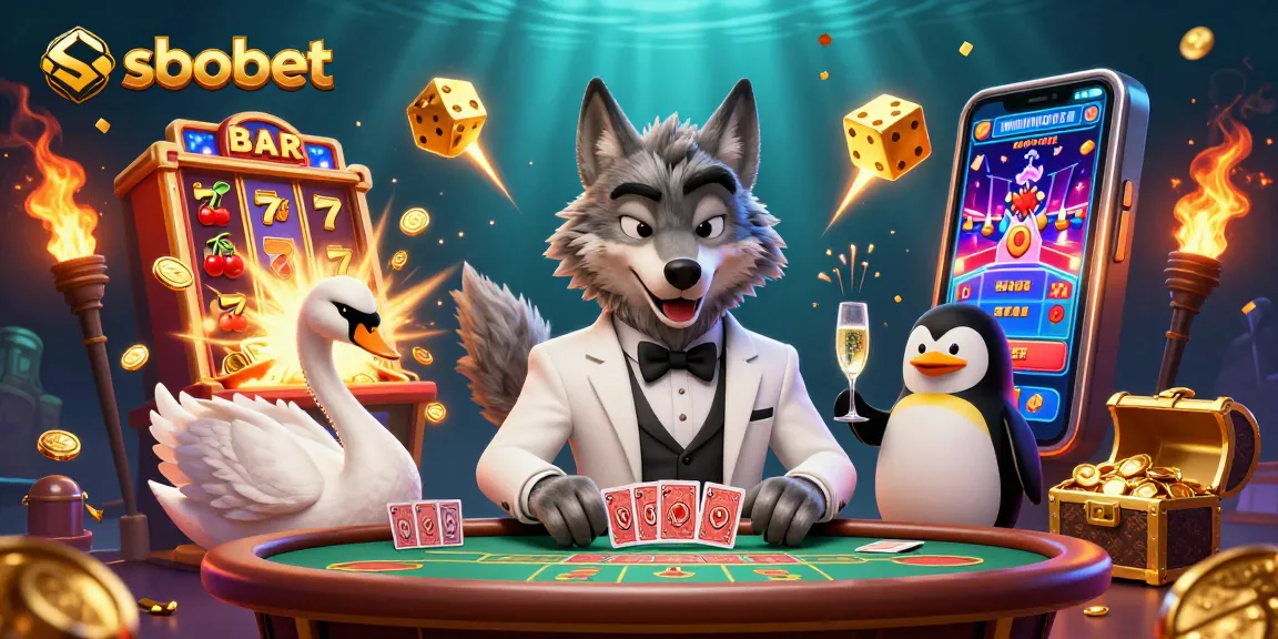 Experience sbobet betting with a lively baccarat scene featuring debonair characters and vibrant casino game elements.