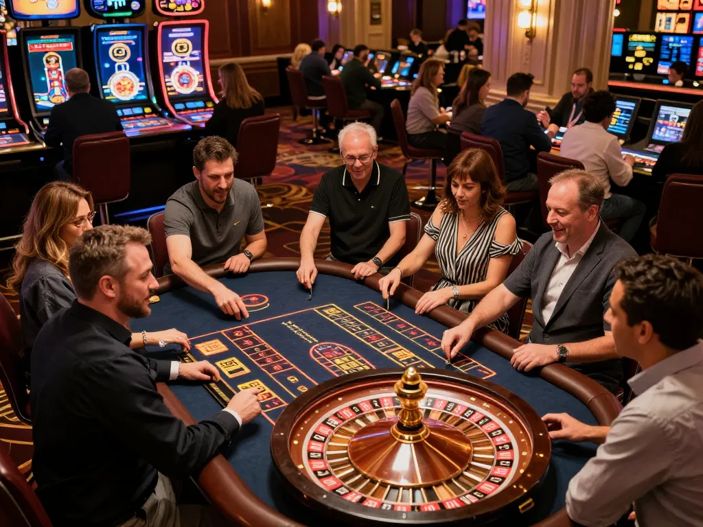 79win players placing bets at an exciting roulette table in a vibrant casino atmosphere