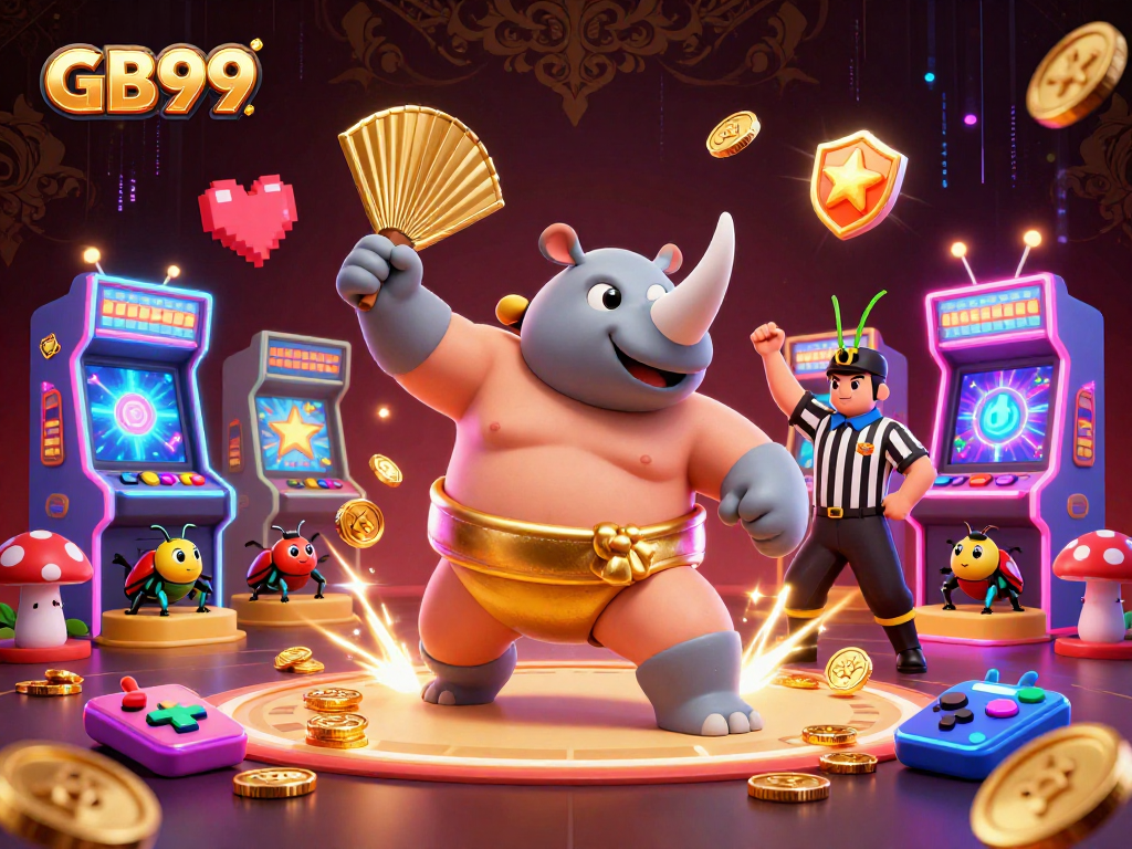 Engage with GB99's thrilling gameplay featuring a cartoon sumo beetle amidst flying coins and vibrant arcade elements.