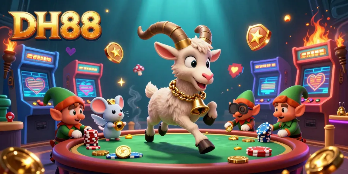 DH88 casino illustration showcasing Krampus goat and playful gremlins amidst vibrant gaming elements.