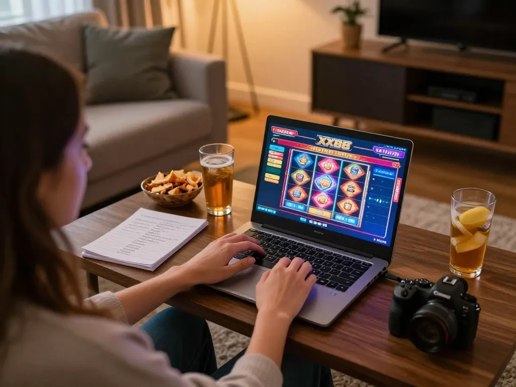 Engaged player enjoying interactive gaming experience at XX88 casino on a cozy laptop setup