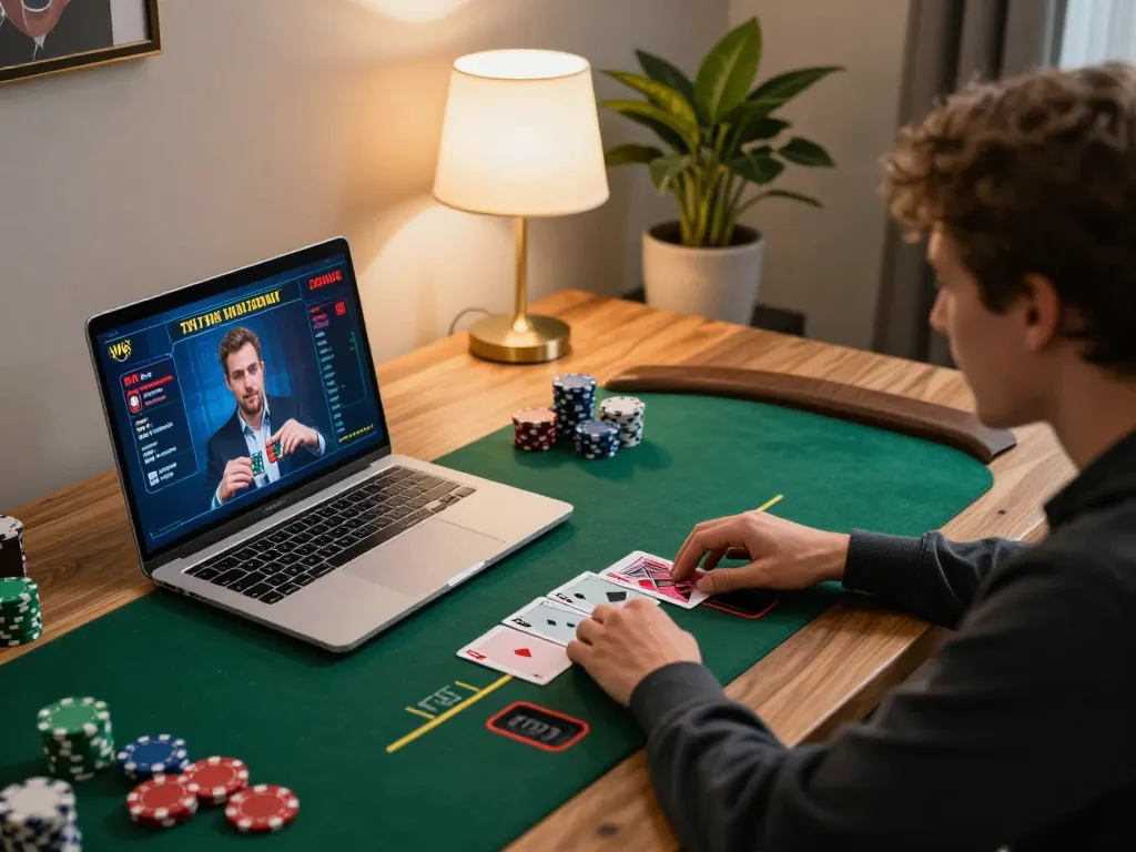 Player engaging in live dealer blackjack on xin88 with laptop in stylish home setup.