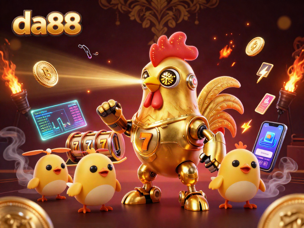 Join the excitement at da88 with a vibrant 3D scene featuring a golden rooster robot and gaming elements.