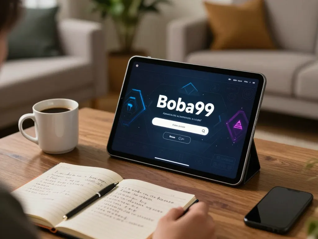 Layar Login Boba99 ditampilkan di tablet selama sesi permainan online yang nyaman di rumah yang bergaya.