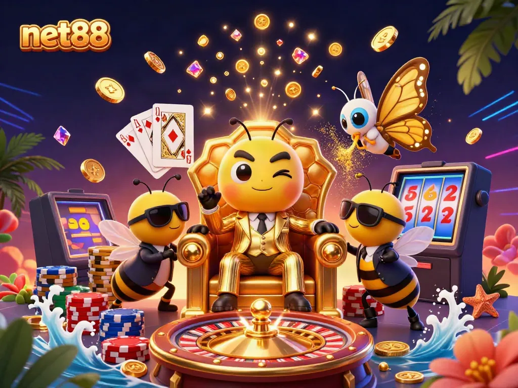Experience the exciting world of net88 with a casino-themed illustration featuring characters and dynamic game elements.