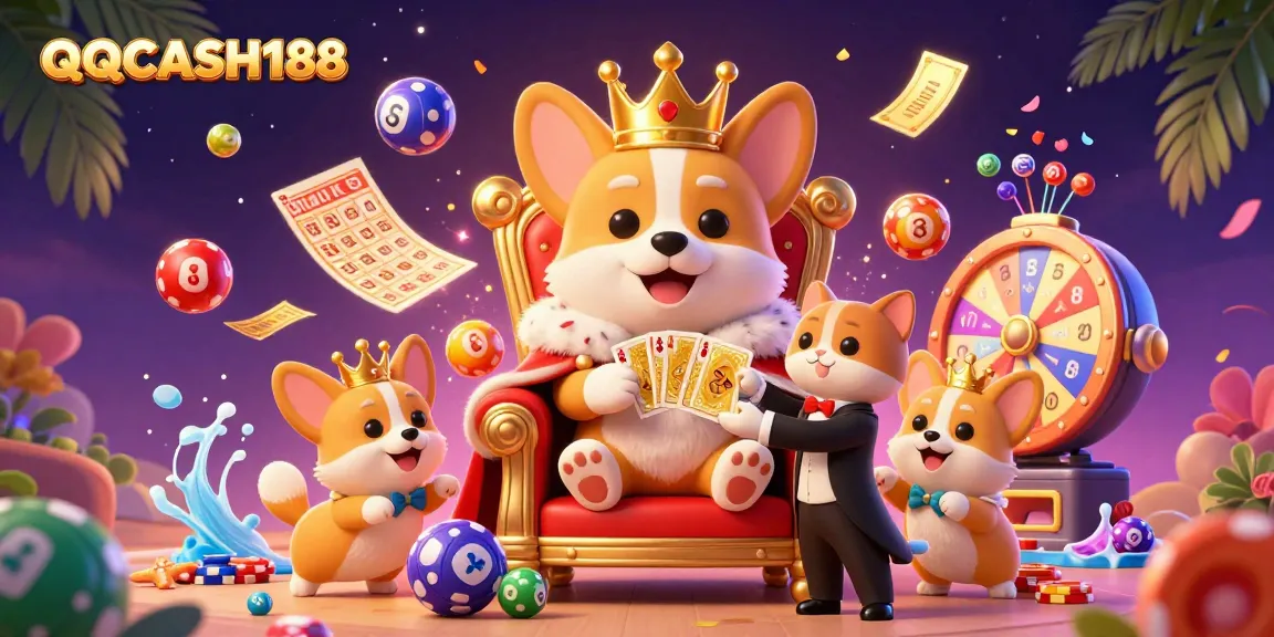 Experience the excitement of QQCASH188 with vibrant lottery balls and gaming characters in a lively scene