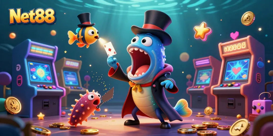 Watch the Net88 eel perform stunning card tricks in a vibrant underwater casino.