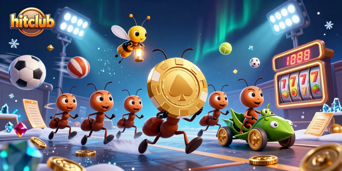 Hitclub showcases ants on a heist with a golden poker chip amidst dynamic casino elements.
