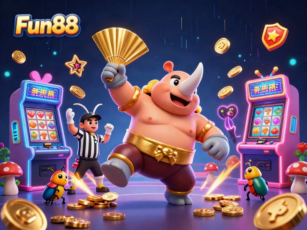 Engage in the world of Fun88 with a dynamic 3D scene featuring gambling excitement and vibrant casino elements.
