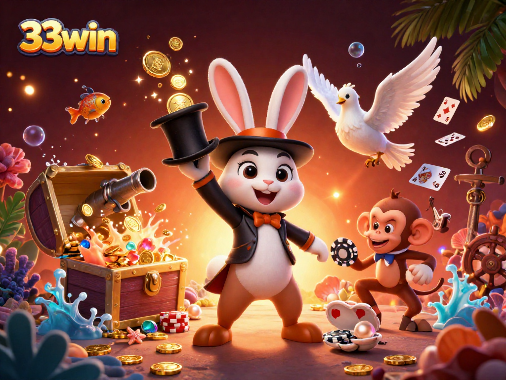 Experience the magic of 33win with vibrant casino fun featuring a magician rabbit and gold coins.