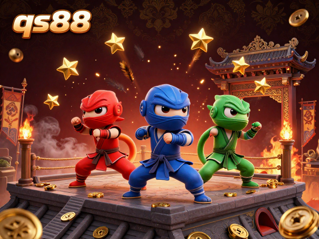 Experience the excitement with qs88 as chameleon ninjas perform thrilling martial arts in a vibrant casino setting.
