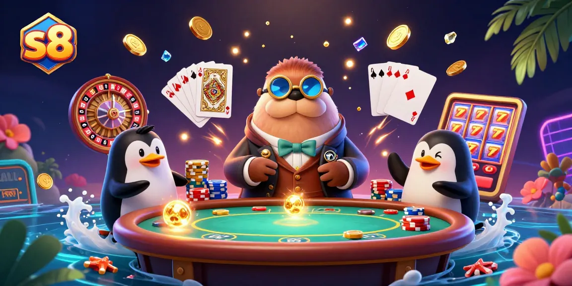 Experience thrilling gameplay with s8 as a jolly walrus plays poker underwater, surrounded by gem stones.