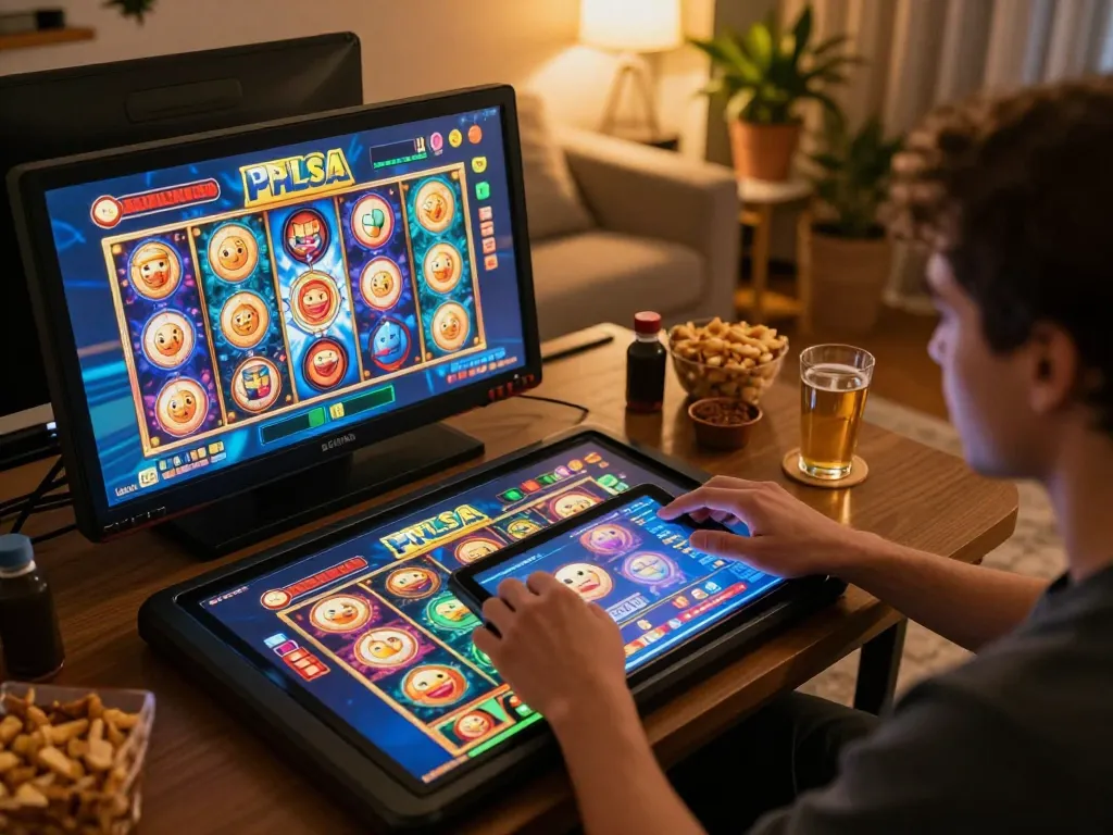 Playing thrilling slot pulsa games on a tablet in a cozy home setting, emphasizing exciting gameplay.