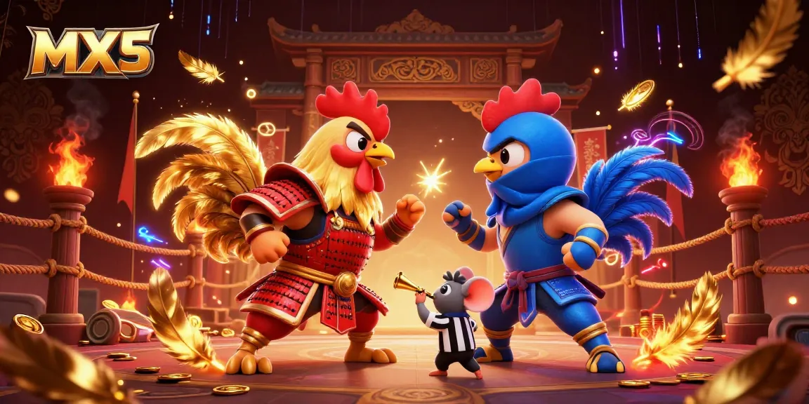 MX5 showcases a vibrant casino scene featuring iconic fighting roosters and golden game elements.