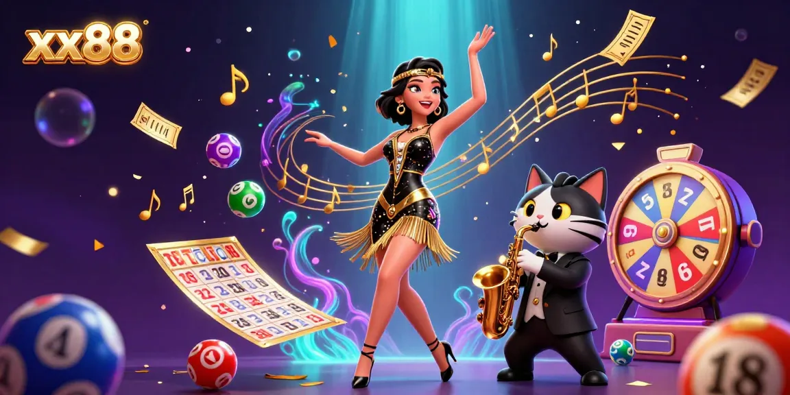 Experience thrilling gaming with xx88 as a stunning woman dazzles in a dance pose amidst flying lottery elements.