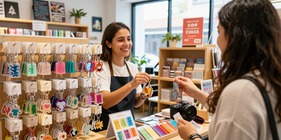 Custom acrylic keychains showcased in an inviting retail environment, highlighting vibrant designs and customer interaction.