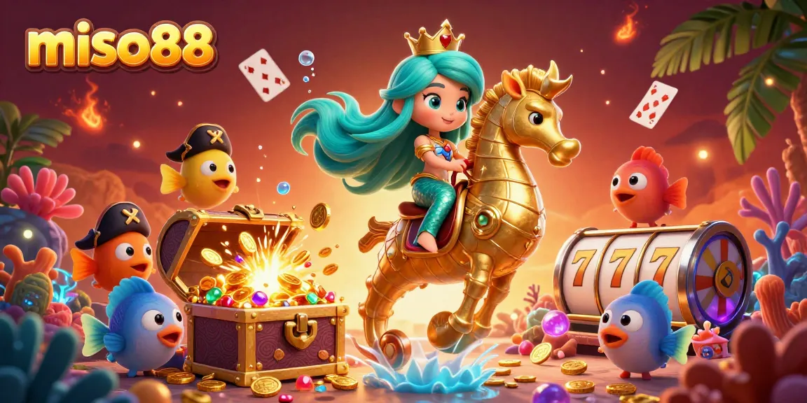 Miso88's vibrant 3D casino scene showcases a mermaid princess and seahorse surrounded by jackpot elements.