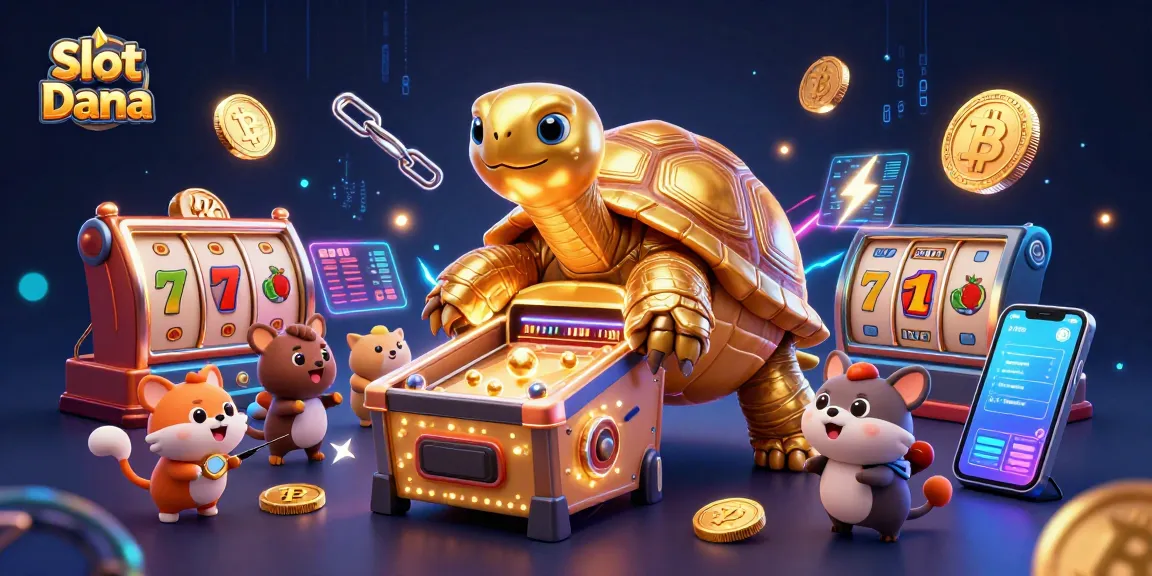 Experience excitement at Slot Dana with a colossal tortoise pinball machine and vibrant game elements.