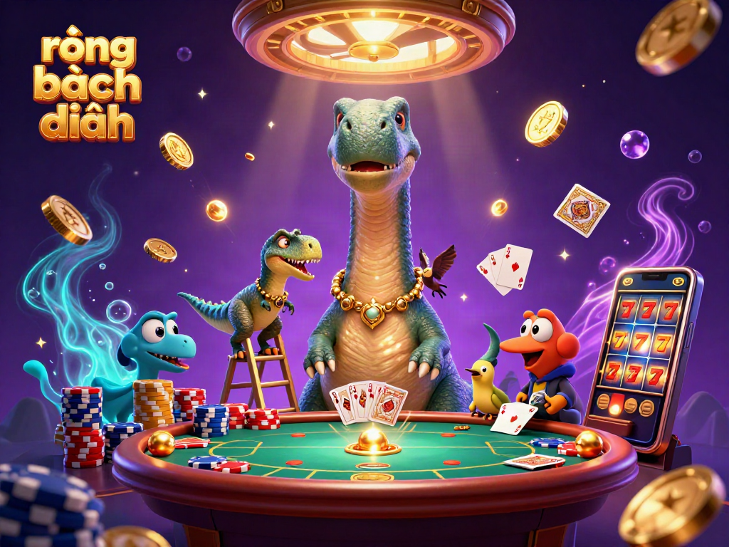 Engage in exciting rồng bạch kim gaming with vibrant illustrations of casino elements and characters.