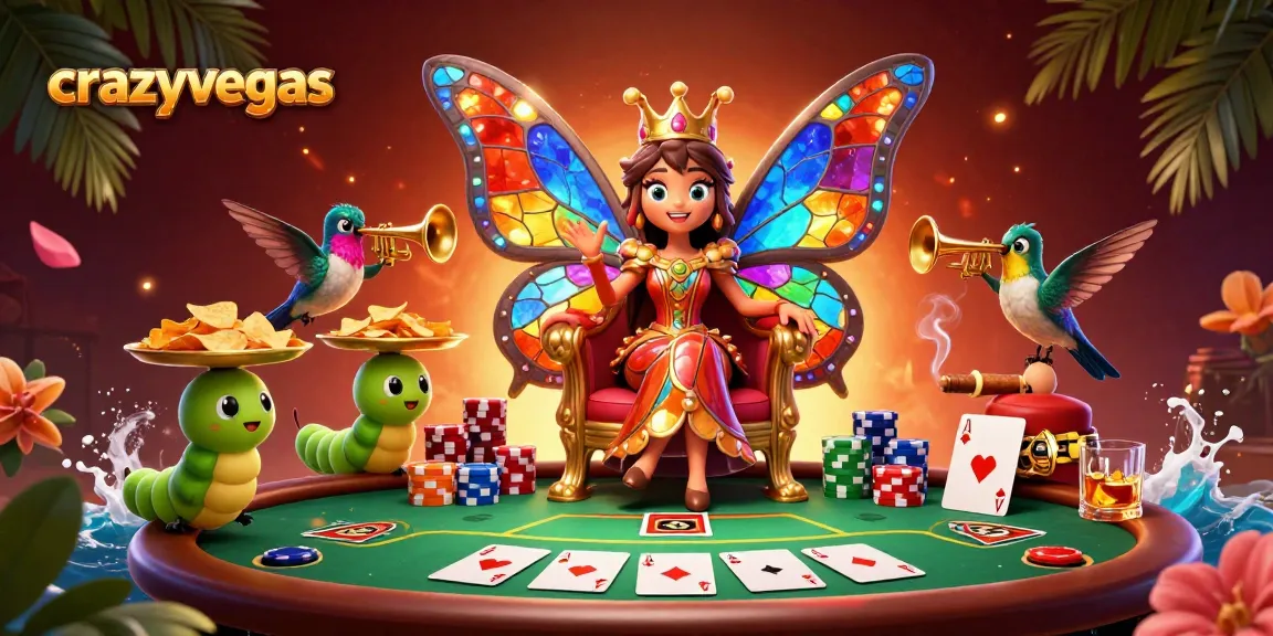 Catch thrilling action at crazyvegas with a vibrant butterfly queen presiding over a colorful poker scene.