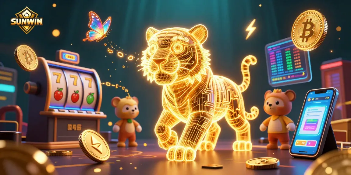 Experience winning strategies at SUNWIN with a vibrant casino-themed illustration showcasing golden tigers and crypto elements.