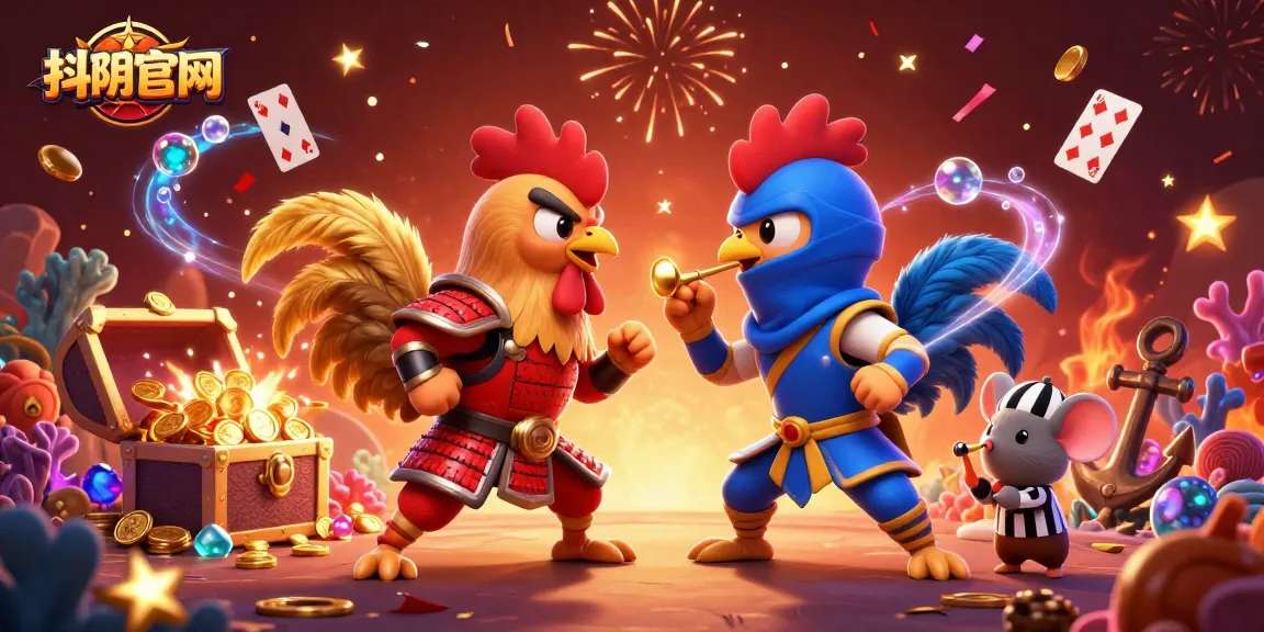 Engage with innovative gaming experiences on 抖阴官网 with roosters in a vibrant gambling illustration.