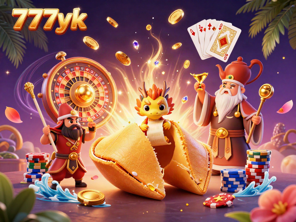 Engage in the thrilling world of 777yk with dynamic casino elements, showcasing a fortune cookie and dragon in a rich gaming atmosphere.