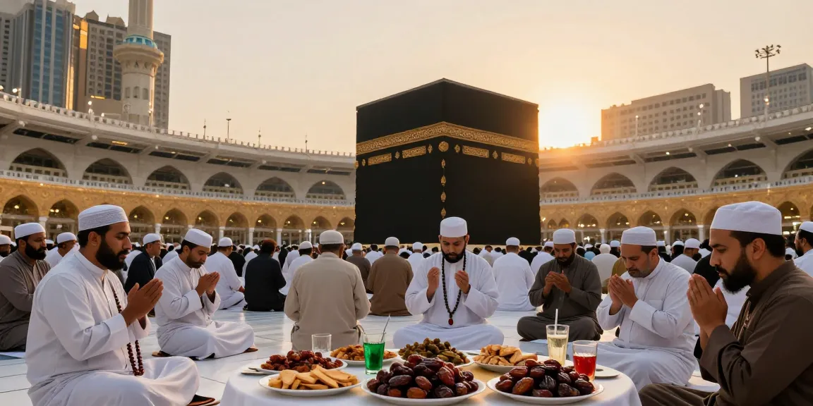 The essence of umroh ramadhan captured in Makkah as pilgrims unite for Iftar, sharing spirituality and devotion, surrounded by the Grand Mosque's stunning architecture.
