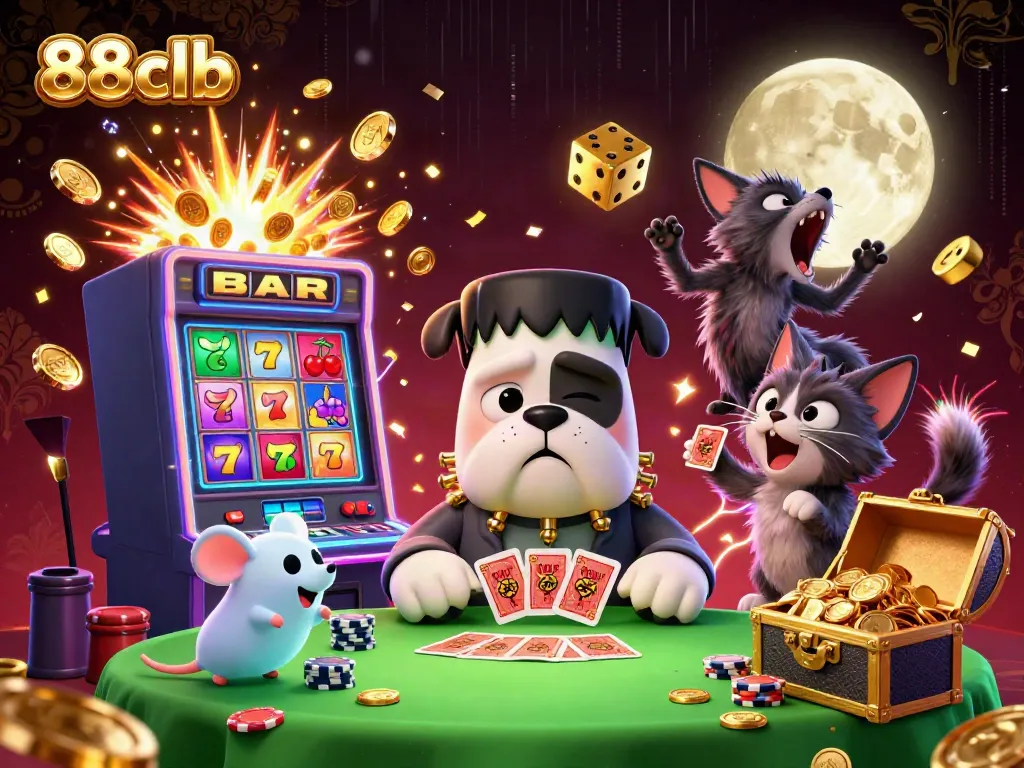 Experience the excitement of 88clb with a cartoon bulldog monster dealing cards at a spooky casino table.