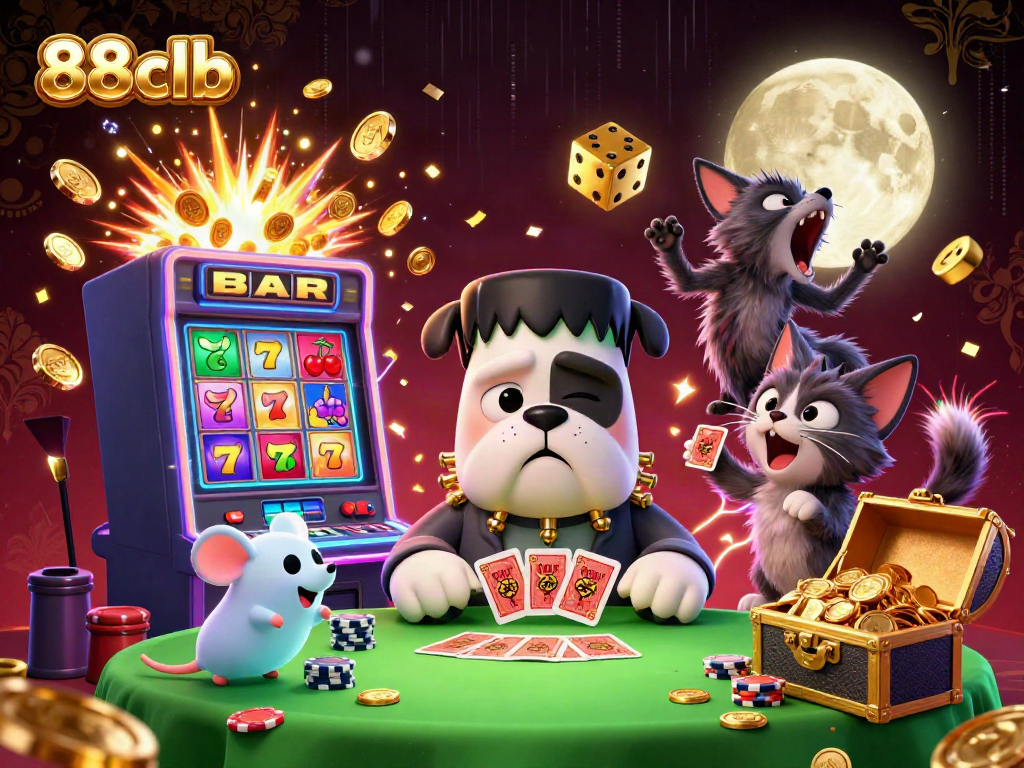 Experience the excitement of 88clb with a cartoon bulldog monster dealing cards at a spooky casino table.