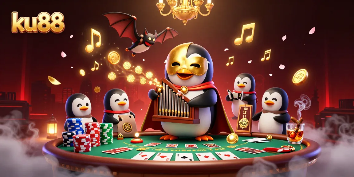 ku88 penguin playing organ while coins fly in a vibrant casino scene with poker elements