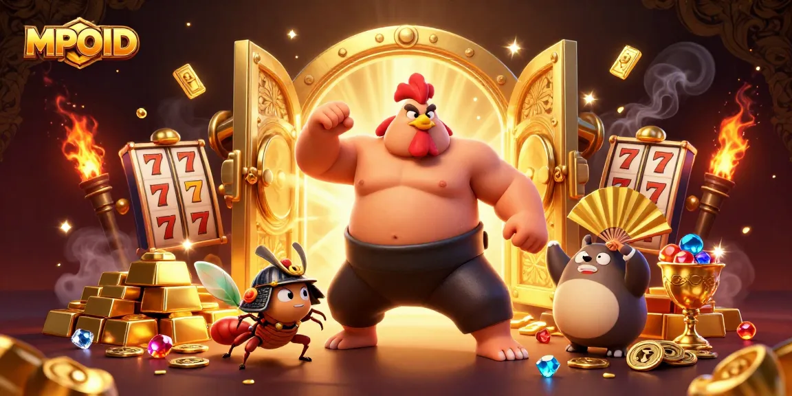 MPOID showcases exhilarating slot gaming with a powerful sumo wrestler rooster amidst gold treasures in a vibrant casino illustration.