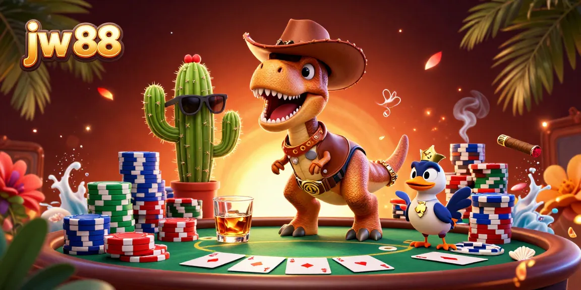 Engage with unique jw 88 gameplay featuring a cartoon dinosaur and poker elements in 3D.