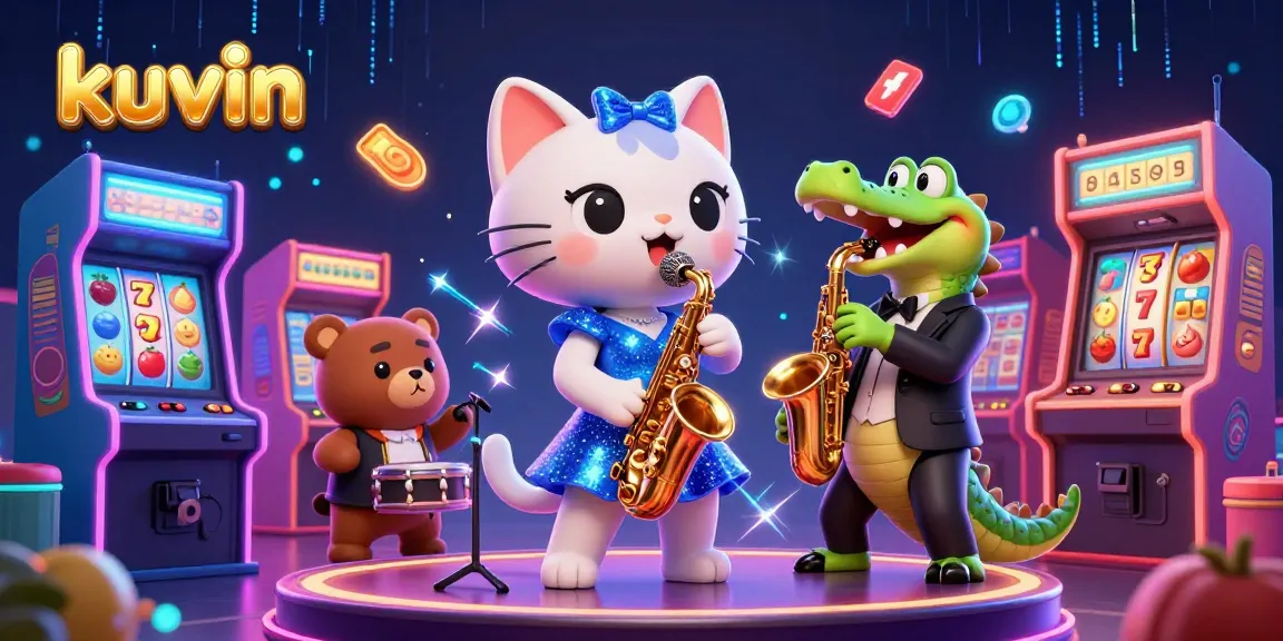 Kuvin shows a vibrant casino scene with a cartoon cat jazz singer and gaming elements.