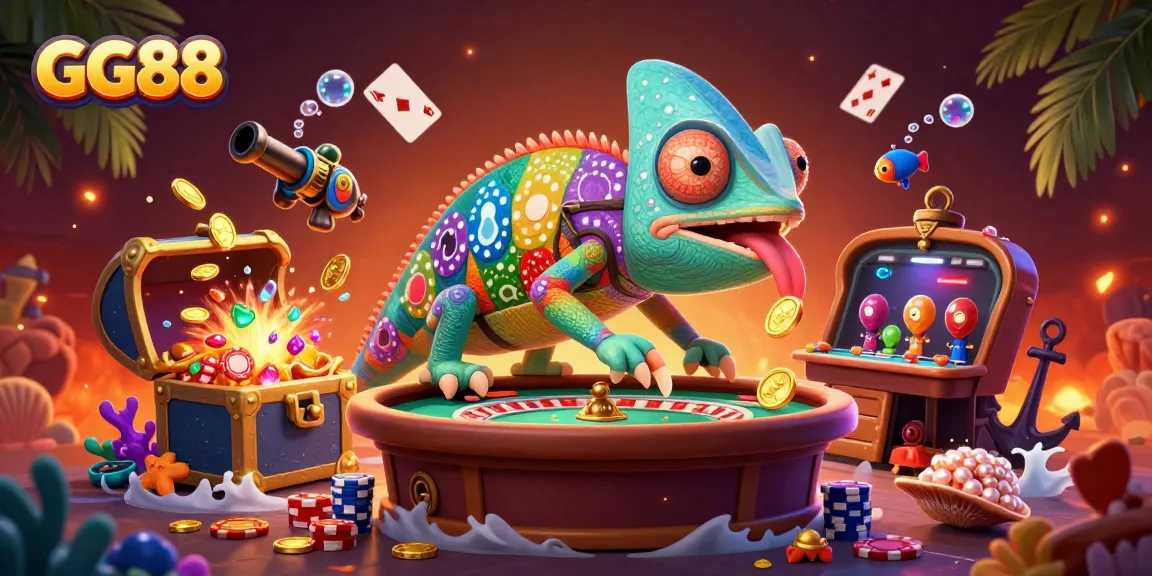 Experience the excitement of GG88 with a vibrant chameleon casino owner amidst dynamic gaming elements.