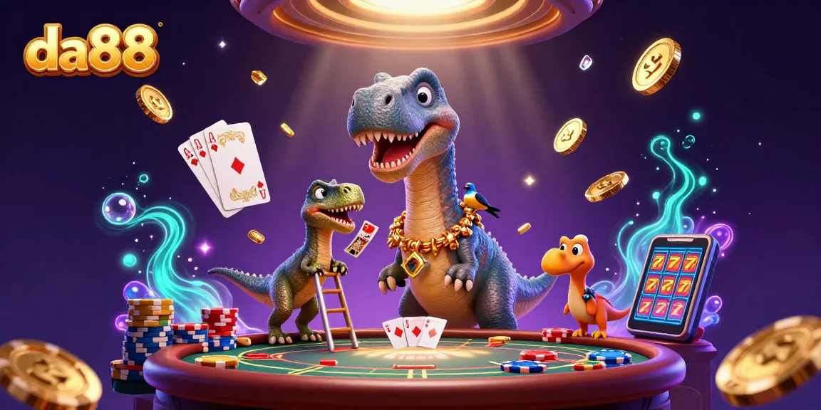 da88 illustrates a 3D casino scene with a brontosaurus and clever raptor engaging in gambling.