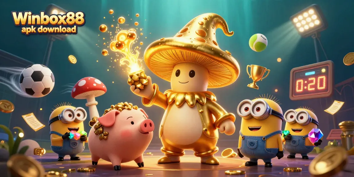 Winbox88 apk download: Engage with a vibrant 3D scene featuring magical elements and sports symbols.