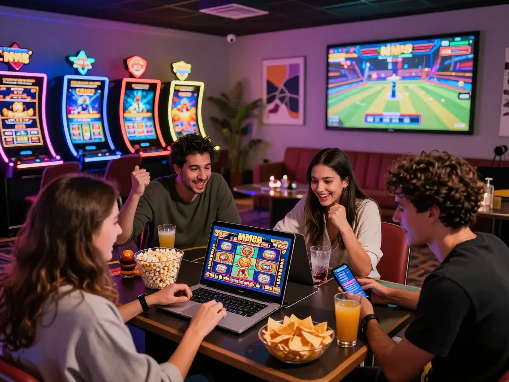 Group enjoying MM88 online casino gaming on a laptop with vibrant atmosphere and snacks, depicting excitement.