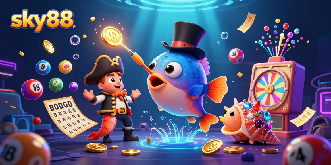 Activate sky88 fun as a deep-sea anglerfish draws in golden coins from lottery excitement in an engaging casino scene.
