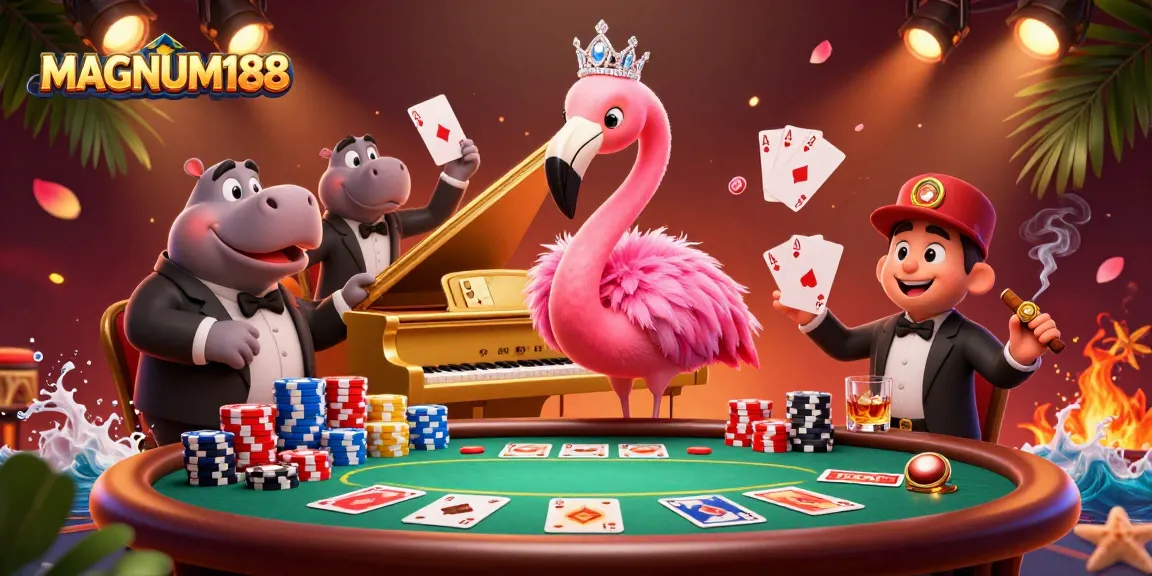 Engage in thrilling gameplay with MAGNUM188, featuring vibrant poker action amidst a lively casino scene.