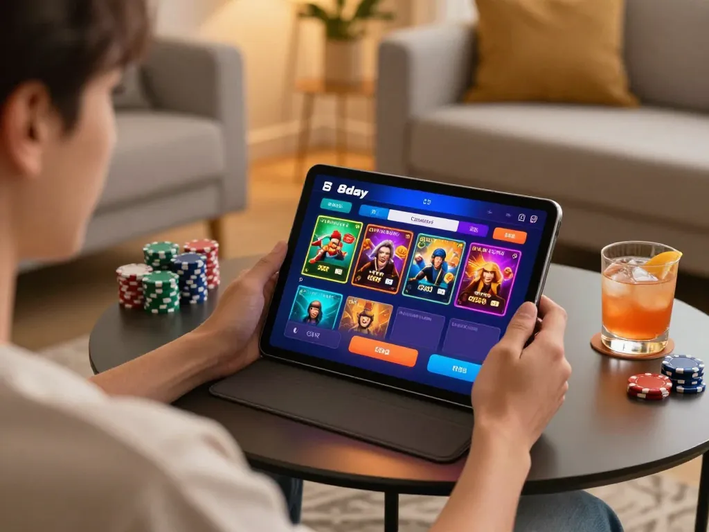 Player engaging with the 8day online casino app on a tablet, showcasing interactive gambling features.