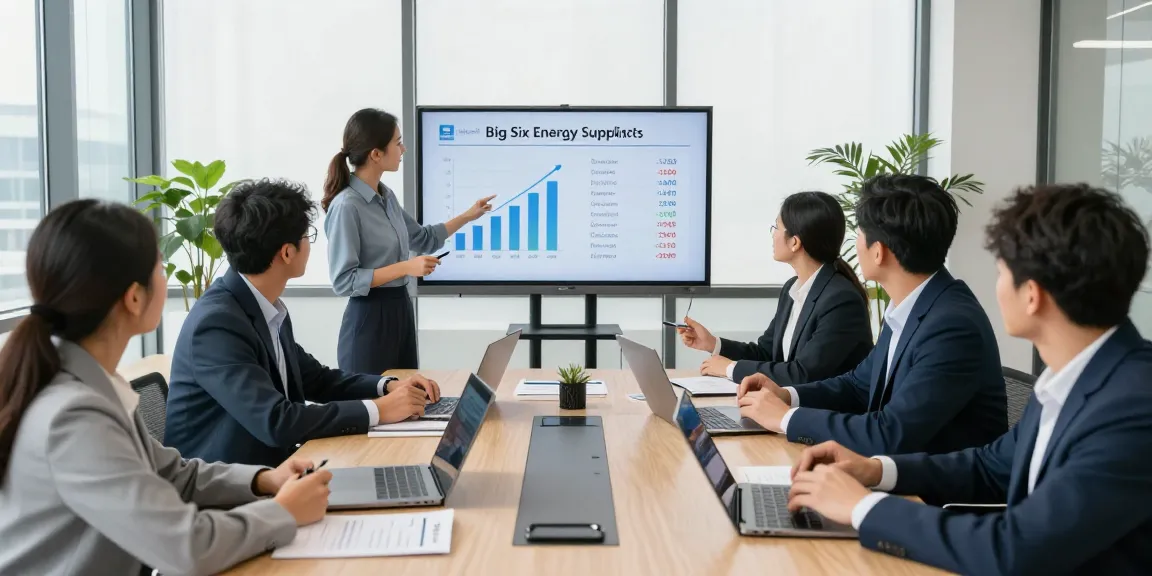 Team discussing big six energy suppliers and strategies to save on energy costs in a bright conference room