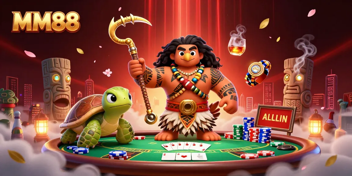 Experience thrilling gameplay with MM88 at a vibrant poker table surrounded by vivid casino elements.