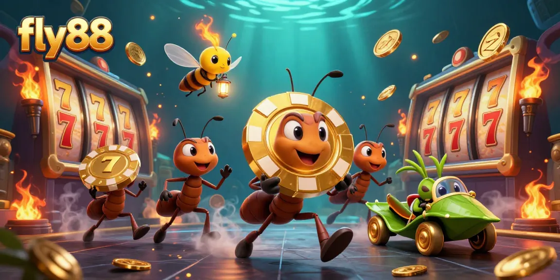 Ants execute a heist with a giant poker chip on fly88, showcasing a vibrant casino adventure.